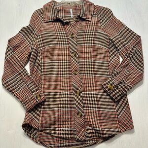 Passports Women’s Small Plaid Shacket Houndstooth Button Jacket Brown Red Tan